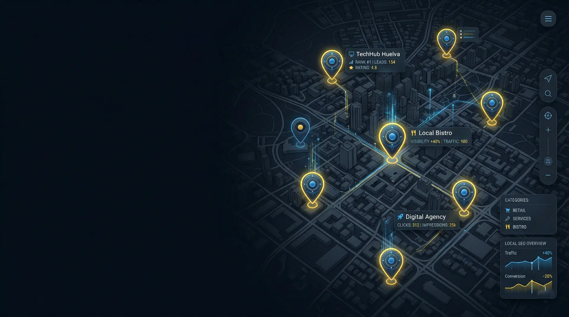 Mapa digital con ubicaciones destacadas mostrando visibilidad local en Google Maps en Huelva